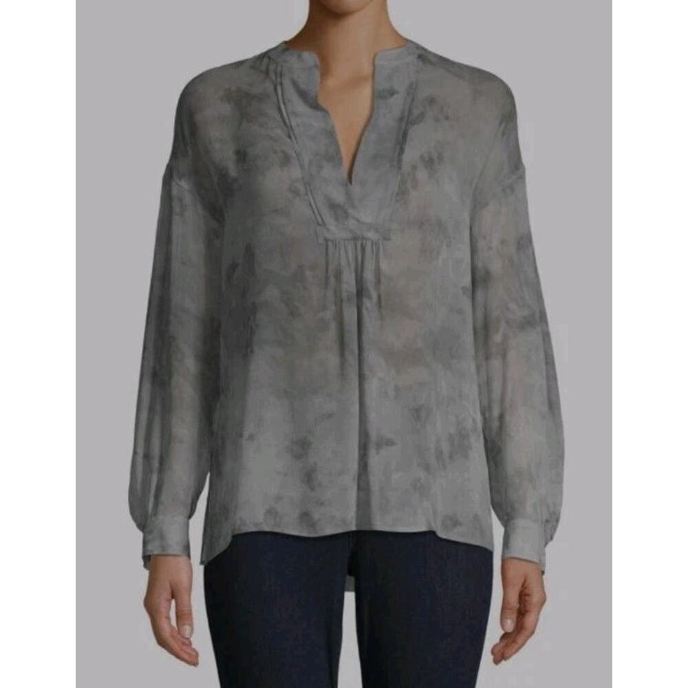 Vince Grey Tie Dye Silk Blend Split Neck Blouse Top Small
